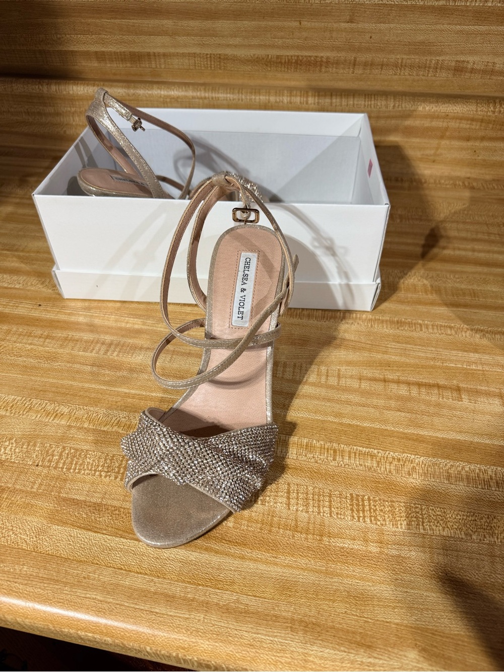 Chelsea & Violet Champagne Gold Crystal Crossover Ankle-Strap Heels